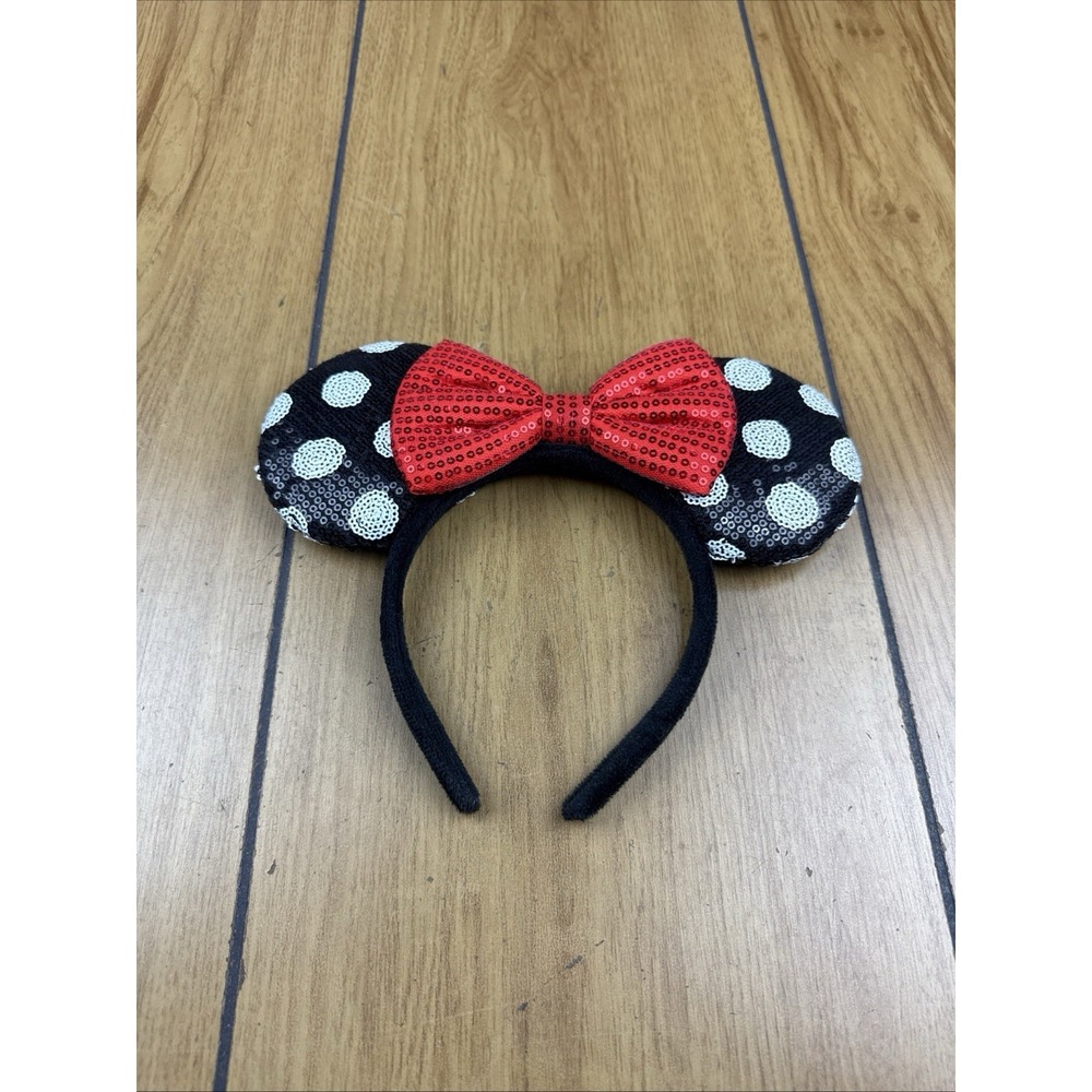 Disney Parks‎ Minnie Mouse Classic Red Polka Dot Bow Black Ears Sequin Headband
